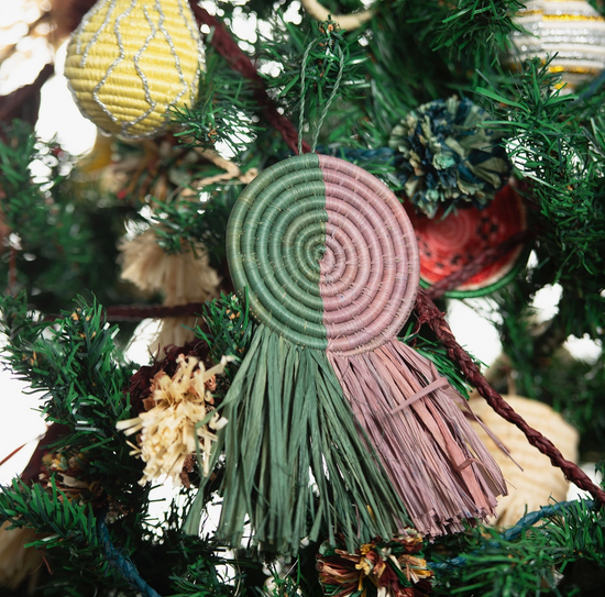 Raffia Fringed Ornaments - Lilac & Green