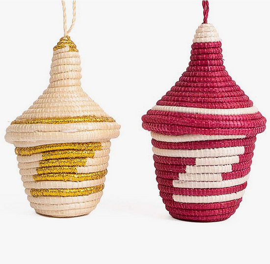 Treasure Lidded Basket Ornaments - Red & Gold - Set of 2